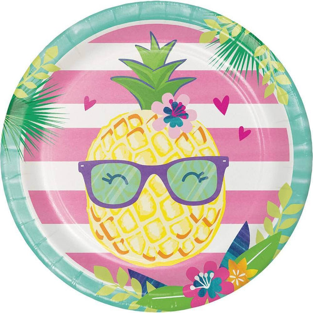 9" Floral Pineapple Dinner Party Plates - Pink & Green - SKU:332420 - UPC:039938511265 - Party Expo