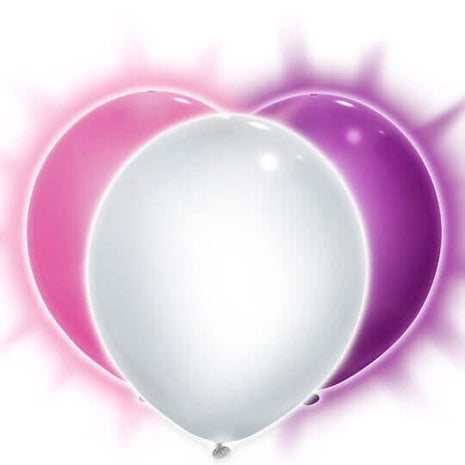 9" Light-Up Latex Balloons - Pink, Purple, & White (3ct) - SKU:54737 - UPC:011179547371 - Party Expo