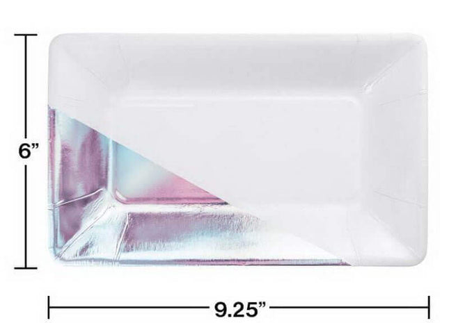 9" White Iridescent Foil Rectangular Paper Plates - SKU:336724 - UPC:039938568085 - Party Expo