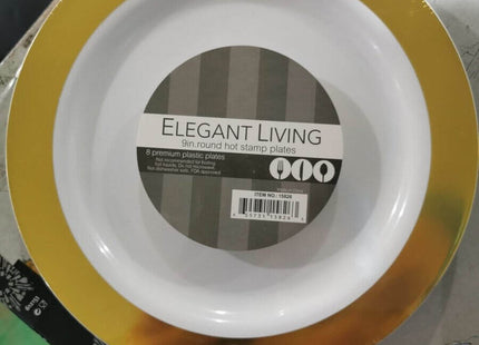 9" White Plate with Solid Gold Hot Stamp - SKU:15826 - UPC:655731158263 - Party Expo