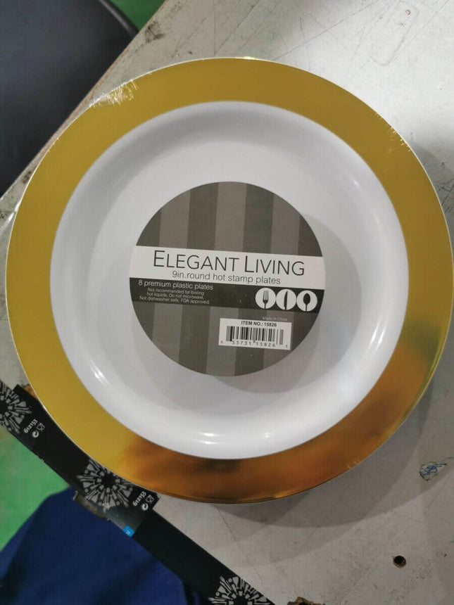 9" White Plate with Solid Gold Hot Stamp - SKU:15826 - UPC:655731158263 - Party Expo