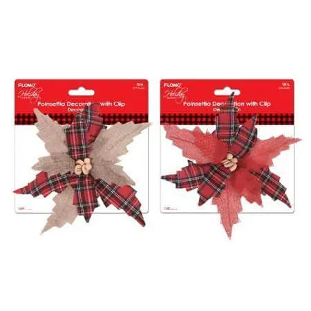 9" Poinsettia Flowers With Clip And Plaid Print - Faux Burlap (1ct) Party Expo  