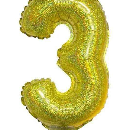 Balloon on Stick - 16" Gold Number 3 - Holographic Party Expo  