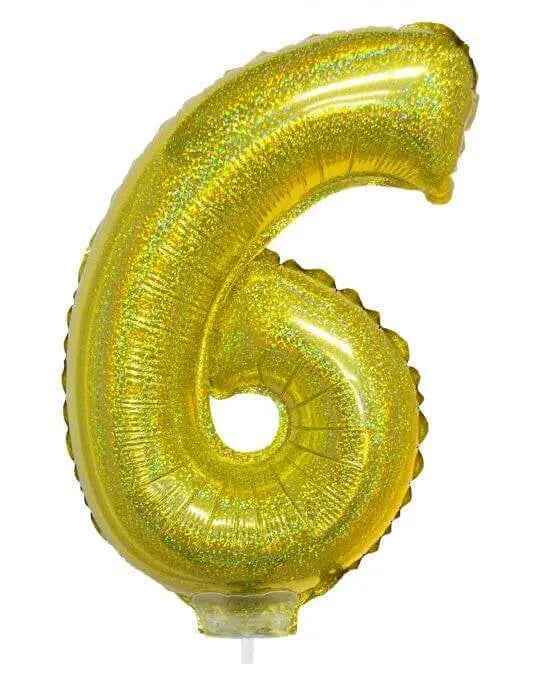 Balloon on Stick - 16" Gold Number 6 - Holographic Party Expo  