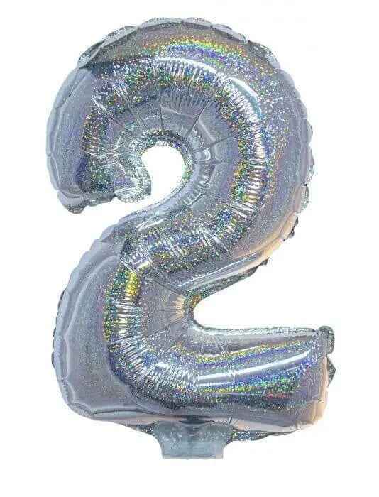 Balloon on Stick - 16" Silver Number 2 - Holographic Party Expo  
