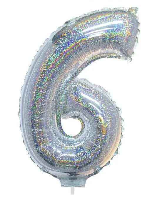 Balloon on Stick - 16" Silver Number 6 - Holographic Party Expo  