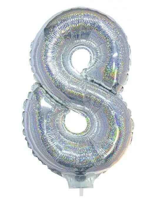 Balloon on Stick - 16" Silver Number 8 - Holographic Party Expo  