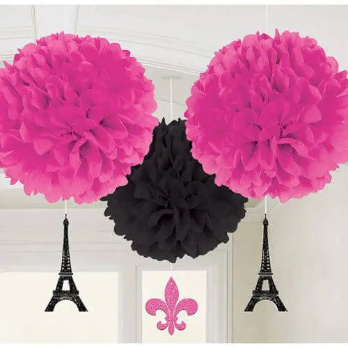 Bridal Shower - "A Day in Paris" Fluffy Pom Pom Decorations with Dangling Cutouts (3pcs) Party Expo  