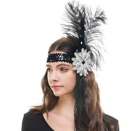 Flapper Black Sequin Headband Feathers & Beads - Party Expo
