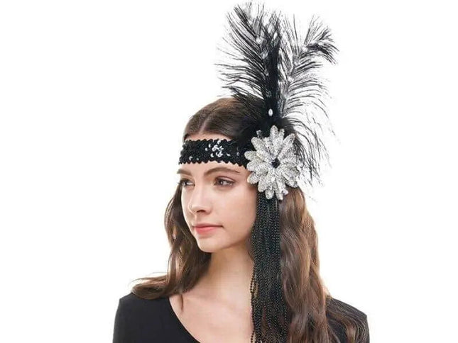Flapper Black Sequin Headband Feathers & Beads - Party Expo
