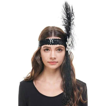 Flapper Black Sequin Headband Feathers & Beads - Party Expo
