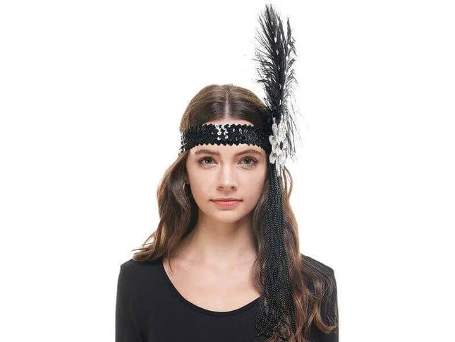 Flapper Black Sequin Headband Feathers & Beads - Party Expo