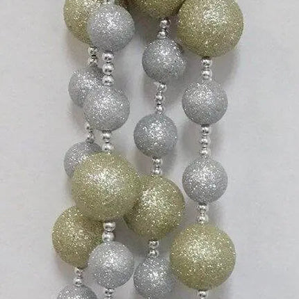 Gllitter Ball Garland 6' Champagne Silver Glitter Balls w/ Silver Beads - Party Expo