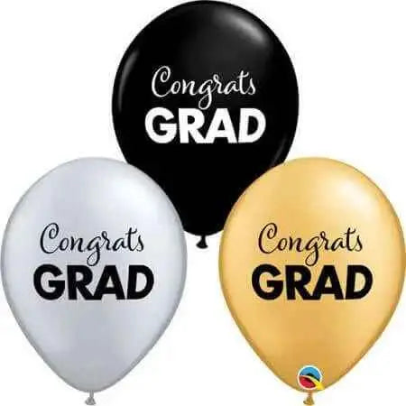 Qualatex - 11" Simply Congrats Grad Latex Balloons - Gold, Silver, & Black (50ct) Party Expo  