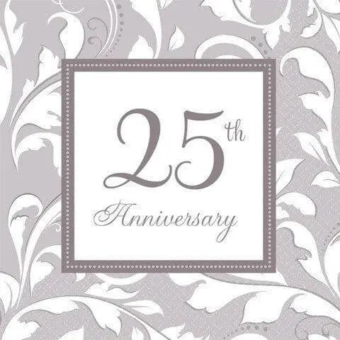 Silver Elegant Scroll 25th Anniversary Lunch Napkins (16ct) - Party Expo