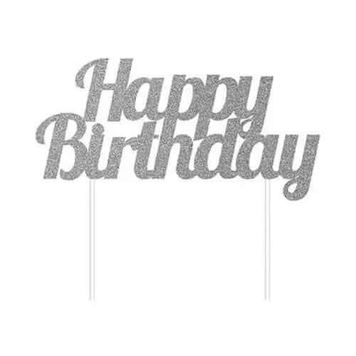 Silver Glitter 'Happy Birthday' Cake Topper - Party Expo