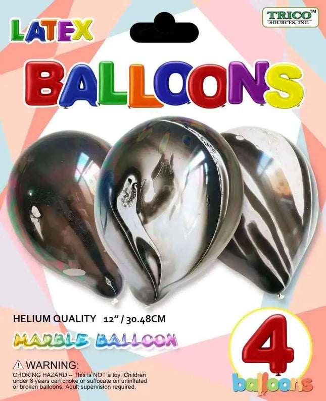 Trico - 12" Marble Agate Latex Balloons - Black & White (4ct) Party Expo  