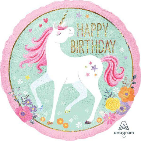 Anagram - 18" Magical Unicorn Happy Birthday Holographic Mylar Balloon - SKU:92155 - UPC:026635372725 - Party Expo