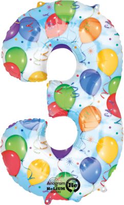 Anagram - 34" Number '3' Mylar Balloon and Streamer - SKU:28249 - UPC:026635282499 - Party Expo