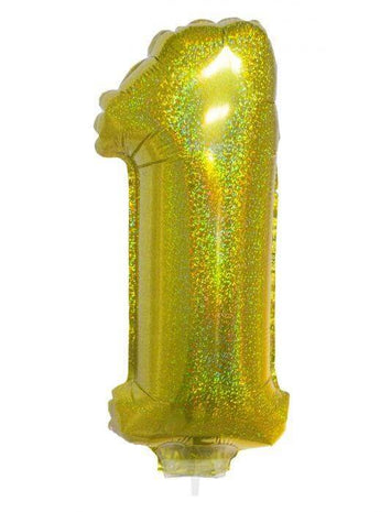 Balloon on Stick - 16" Gold Number 1 - Holographic - SKU:85710 - UPC:8712364857108 - Party Expo
