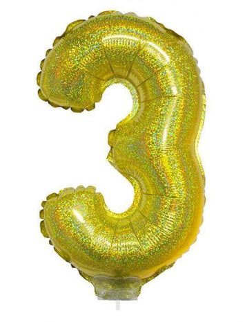 Balloon on Stick - 16" Gold Number 3 - Holographic - SKU:85712 - UPC:8712364857122 - Party Expo