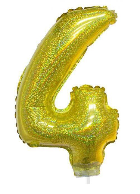 Balloon on Stick - 16" Gold Number 4 - Holographic - SKU:85713 - UPC:8712364857139 - Party Expo