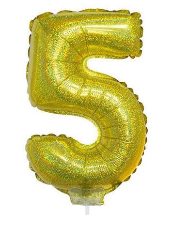 Balloon on Stick - 16" Gold Number 5 - Holographic - SKU:85714 - UPC:8712364857146 - Party Expo