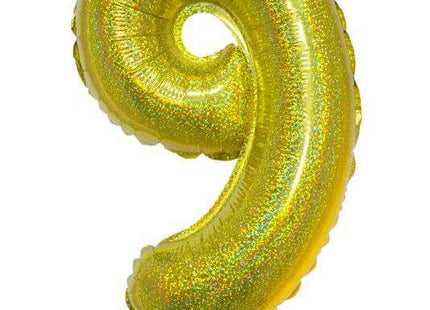 Balloon on Stick - 16" Gold Number 9 - Holographic - SKU:85718 - UPC:8712364857184 - Party Expo