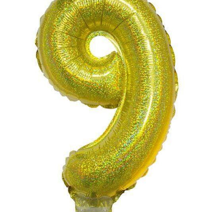 Balloon on Stick - 16" Gold Number 9 - Holographic - SKU:85718 - UPC:8712364857184 - Party Expo