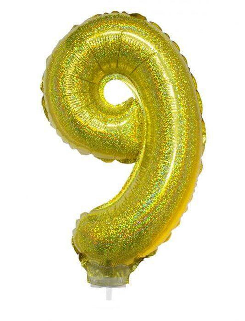 Balloon on Stick - 16" Gold Number 9 - Holographic - SKU:85718 - UPC:8712364857184 - Party Expo