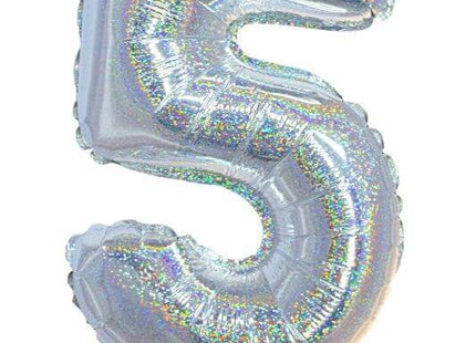 Balloon on Stick - 16" Silver Number 5 - Holographic - SKU:85704 - UPC:8712364857047 - Party Expo
