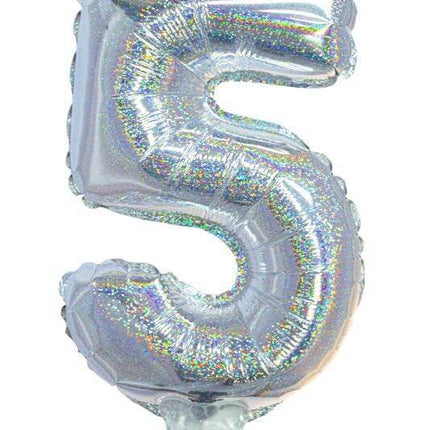 Balloon on Stick - 16" Silver Number 5 - Holographic - SKU:85704 - UPC:8712364857047 - Party Expo