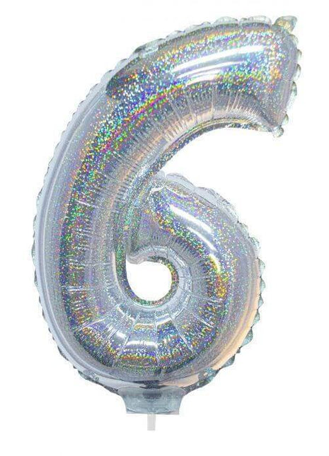 Balloon on Stick - 16" Silver Number 6 - Holographic - SKU:85705 - UPC:8712364857054 - Party Expo