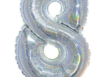 Balloon on Stick - 16" Silver Number 8 - Holographic - SKU:85707 - UPC:8712364857078 - Party Expo