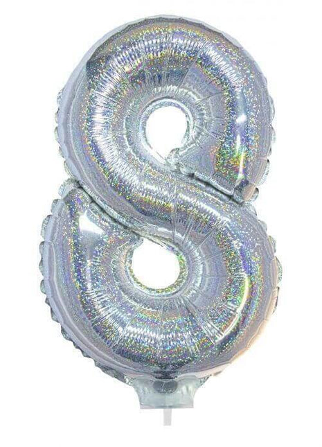 Balloon on Stick - 16" Silver Number 8 - Holographic - SKU:85707 - UPC:8712364857078 - Party Expo