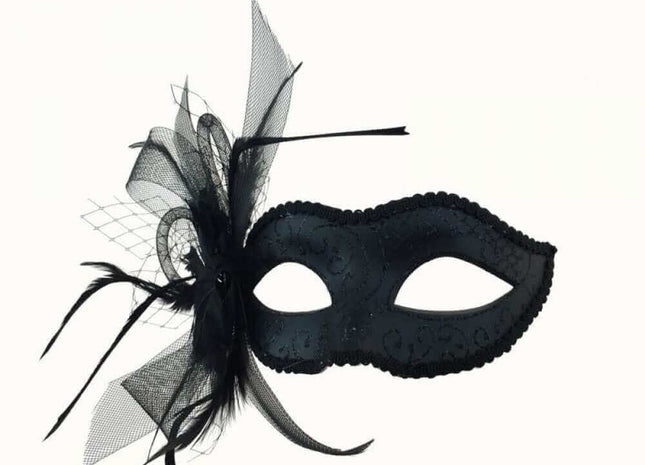 Black Mask with Feather and Veil - SKU:M8355B - UPC:831687017575 - Party Expo