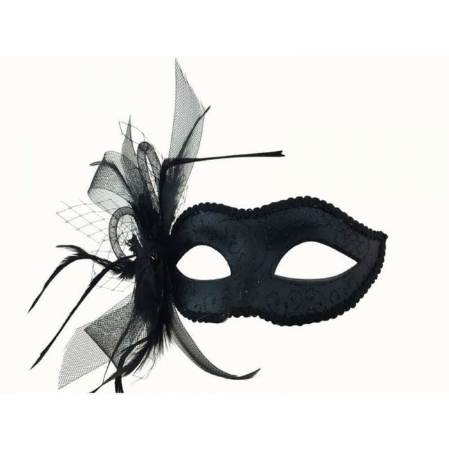 Black Mask with Feather and Veil - SKU:M8355B - UPC:831687017575 - Party Expo