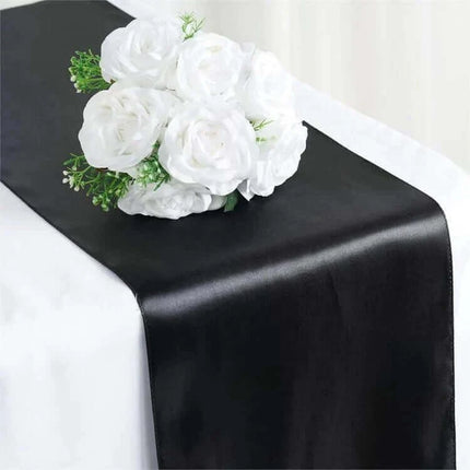 Black Satin Table Runner 12" * 108 - SKU:RUN_STN_BLK - UPC:10315250 - Party Expo