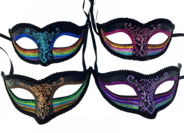 Black Venetian Half Face Mask with Rainbow - SKU:M3712 - UPC:831687037122 - Party Expo