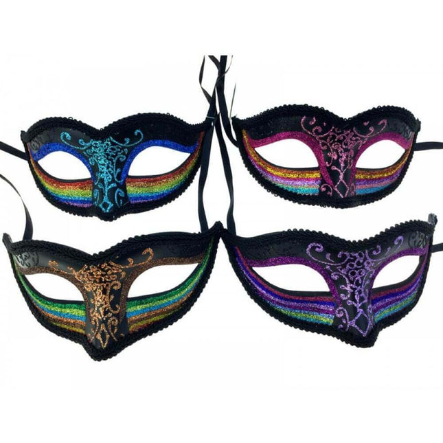 Black Venetian Half Face Mask with Rainbow - SKU:M3712 - UPC:831687037122 - Party Expo