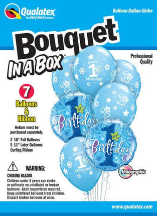 Qualatex - "Bouquet In A Box" 1st Birthday Latex Balloons - Blue(7ct) - SKU:44390 - UPC:071444443906 - Party Expo