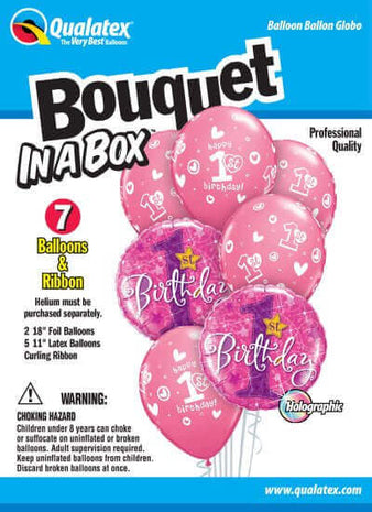 Qualatex - "Bouquet In A Box" 1st Birthday Latex Balloons - Pink (7ct) - SKU:44394 - UPC:071444443944 - Party Expo