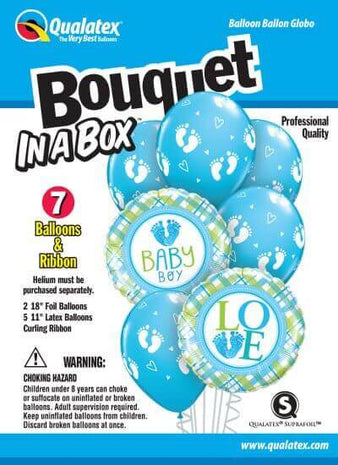 Qualatex - "Bouquet In A Box" Baby Boy Footprints Mylar & Latex Balloons (7ct) - SKU:52977 - UPC:071444529778 - Party Expo