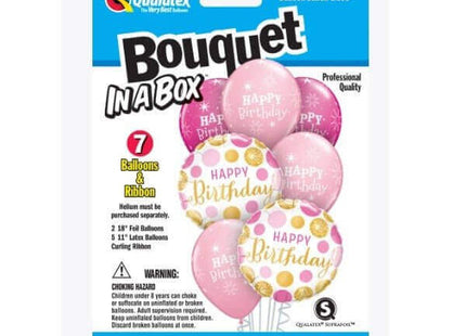 Qualatex - "Bouquet In A Box" Happy Birthday Dots Mylar & Latex Balloons - Pink & Gold (7ct) - SKU:89063 - UPC:071444890632 - Party Expo
