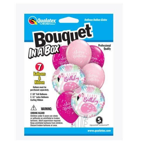 Qualatex - "Bouquet In A Box" Happy Birthday Flamingo Mylar & Latex Balloons (7ct) - SKU:89061 - UPC:071444890618 - Party Expo