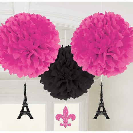 Bridal Shower - "A Day in Paris" Fluffy Pom Pom Decorations with Dangling Cutouts (3pcs) - SKU:180185 - UPC:013051711375 - Party Expo