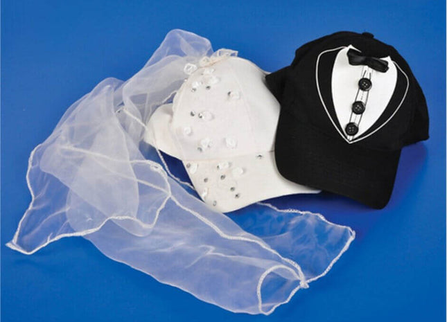 Bride & Groom Costume Baseball Hat Set with Sequins, Tule Veil, & Tuxedo - SKU:HA-BASBG - UPC:097138742780 - Party Expo