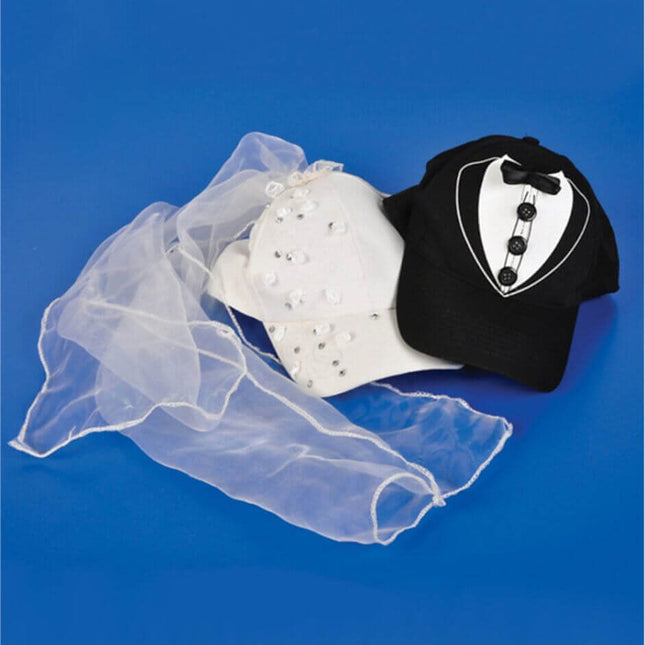 Bride & Groom Costume Baseball Hat Set with Sequins, Tule Veil, & Tuxedo - SKU:HA-BASBG - UPC:097138742780 - Party Expo