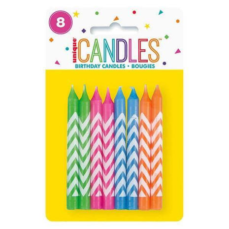 Chevron Birthday Candles - Assorted Colors (8pcs) - SKU:37583 - UPC:011179375837 - Party Expo