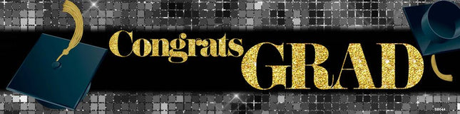 Congrats Grad Black/Gold Banner #46 - (4'x1') - SKU:SB044 - UPC:6240900~8~27020665~0 - Party Expo